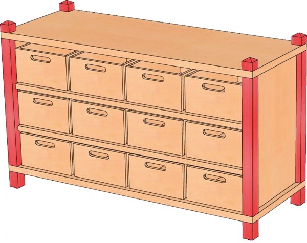 Stollenschrank mit 12 Massivholzkästen, 106 cm Breite & 60 cm Höhe
