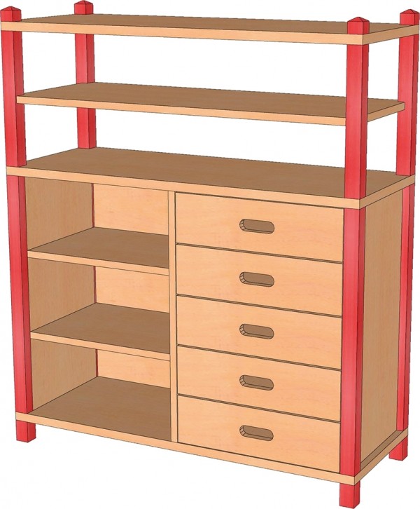 Stollenschrank mit Schüben & Regalen, 120 cm Höhe
