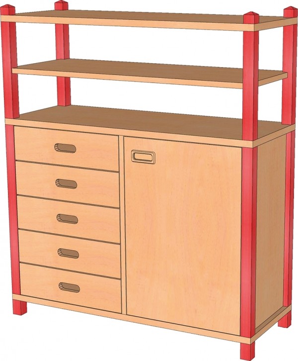 Stollenschrank mit Tür, Regal und Schubladen, 120 cm Höhe