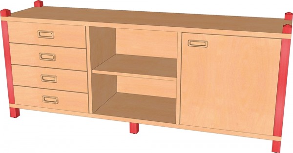 Raumteilerschrank mit Tür, 4 Schubladen & offenem Regal
