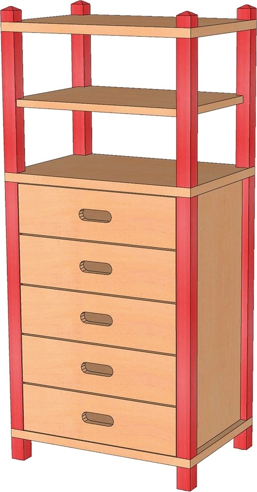 Stollenschrank mit Schüben & Regal, 120 cm hoch