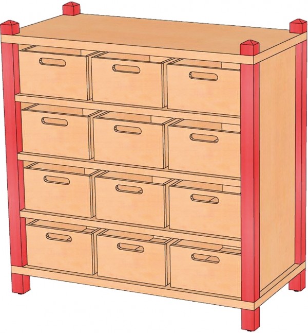 Stollenschrank mit 12 Massivholzkästen, 82 cm Breite & 80 cm Höhe