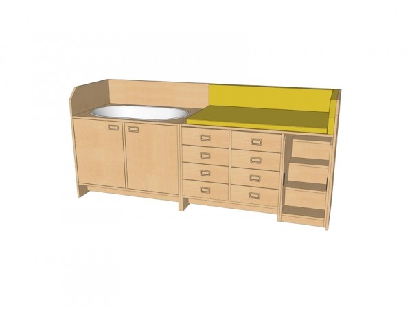 Wickelanlage mit Wannenschrank, Treppe und 8 Schüben