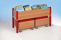 Bücher und Spielekiste mit 2 Rollhockern