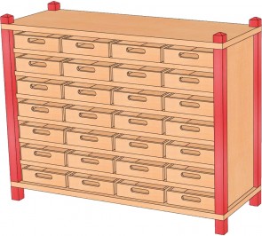 Stollenschrank mit 28 Massivholzkästen, 106 cm Breite & 80 cm Höhe