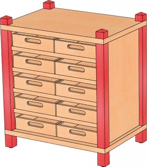 Stollenschrank mit flachen Massivholzkästen, 60 cm hoch