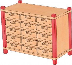 Stollenschrank mit 15 Massivholzkästen, 82 cm Breite & 60 cm Höhe