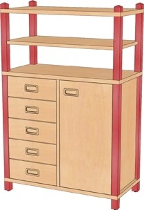 Stollenschrank mit Leichtlauf-Schüben, Tür & offenem Regal, 120 cm Höhe